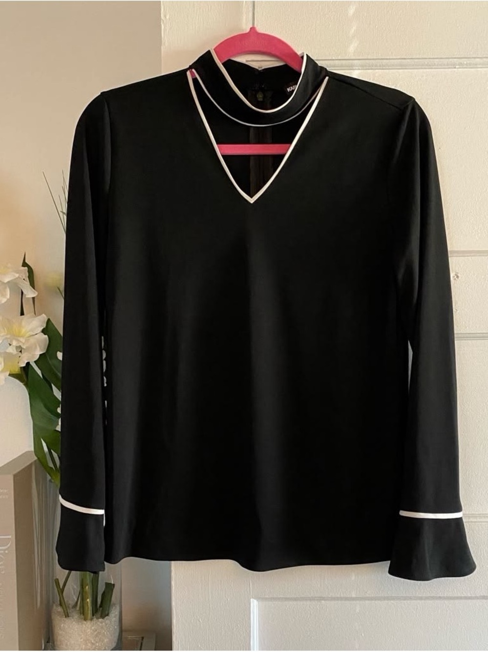 Karl Lagerfeld Paris Black Choker Neck Contrast Trim Long Sleeve Blouse Top - XL